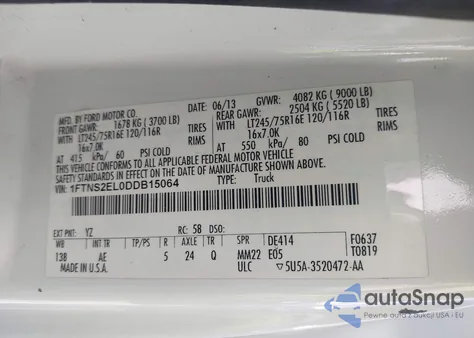 2013 Ford E-250 Commercial z USA, uszkodzony, nr VIN 1FTNS2EL0DDB15064